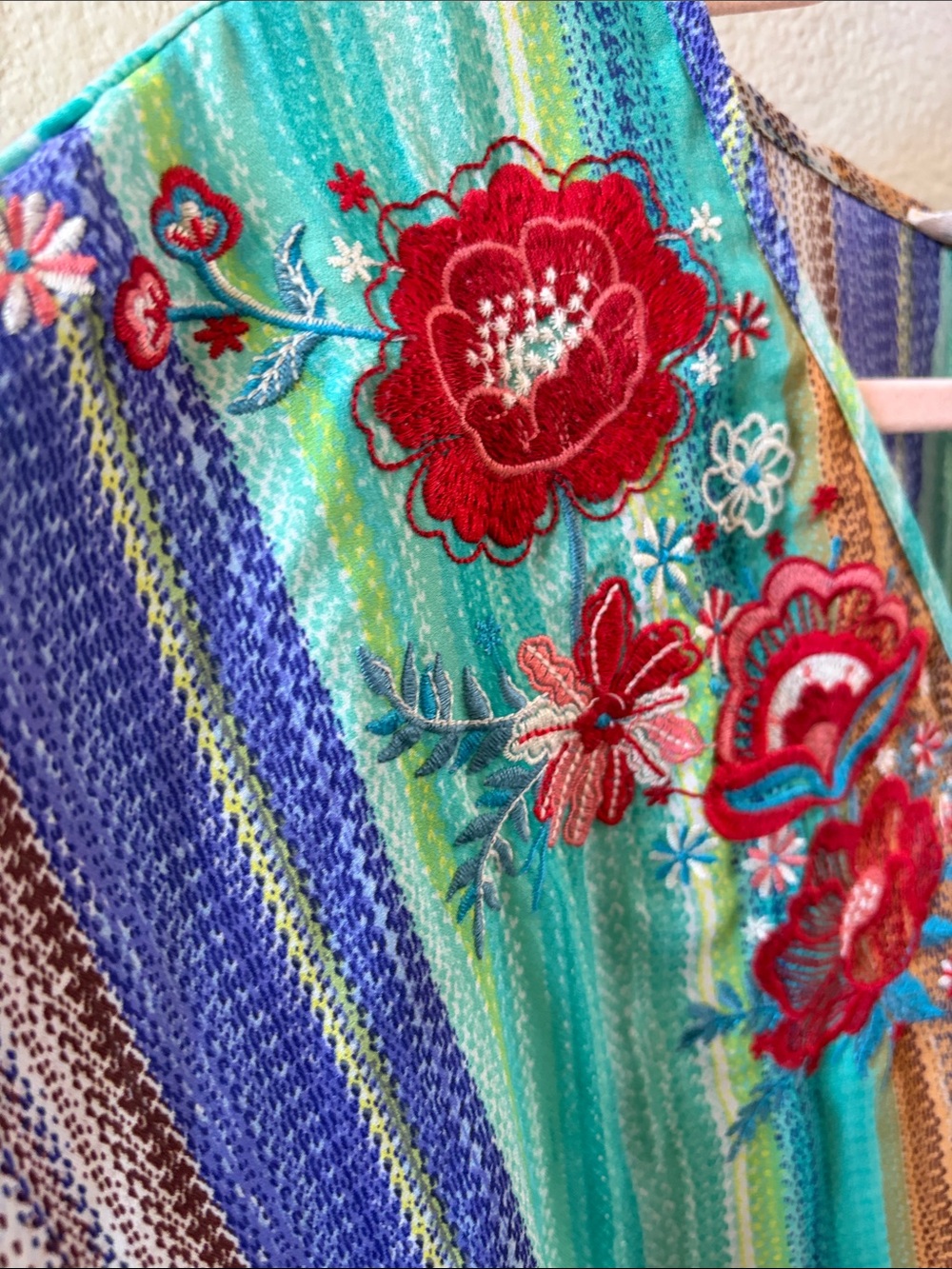 Savanna Jane Teal Multicolor Striped Embroidered V-Neck Tunic - Picture 4 of 8